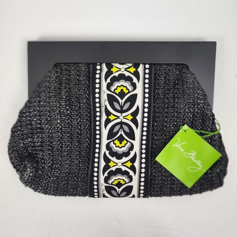 NWT Vera Bradley Black Woven Clutch With Magnetic Closure Bright Yellow Accents